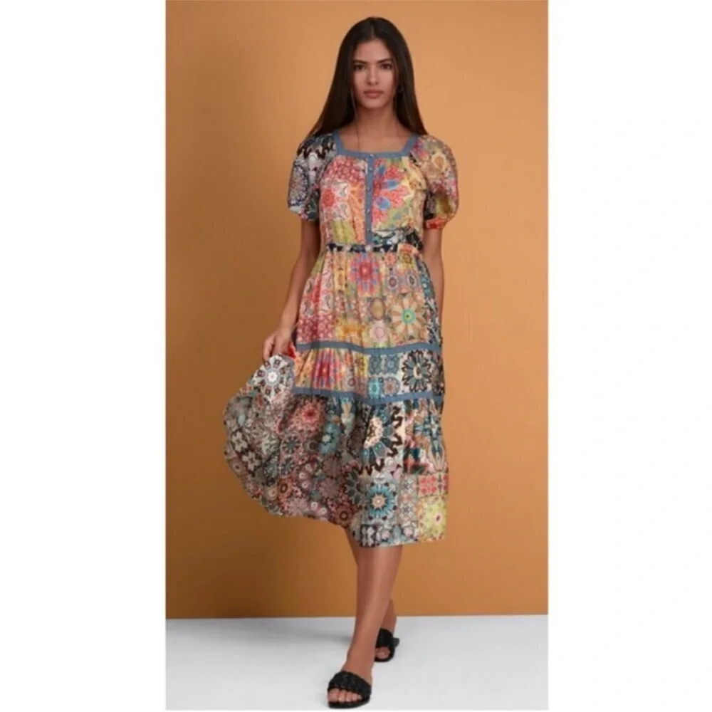 Johnny Was Kaleida Zenovia Silk Patchwork Midi Dress Size L Boho Tiered - Picture 2 of 14